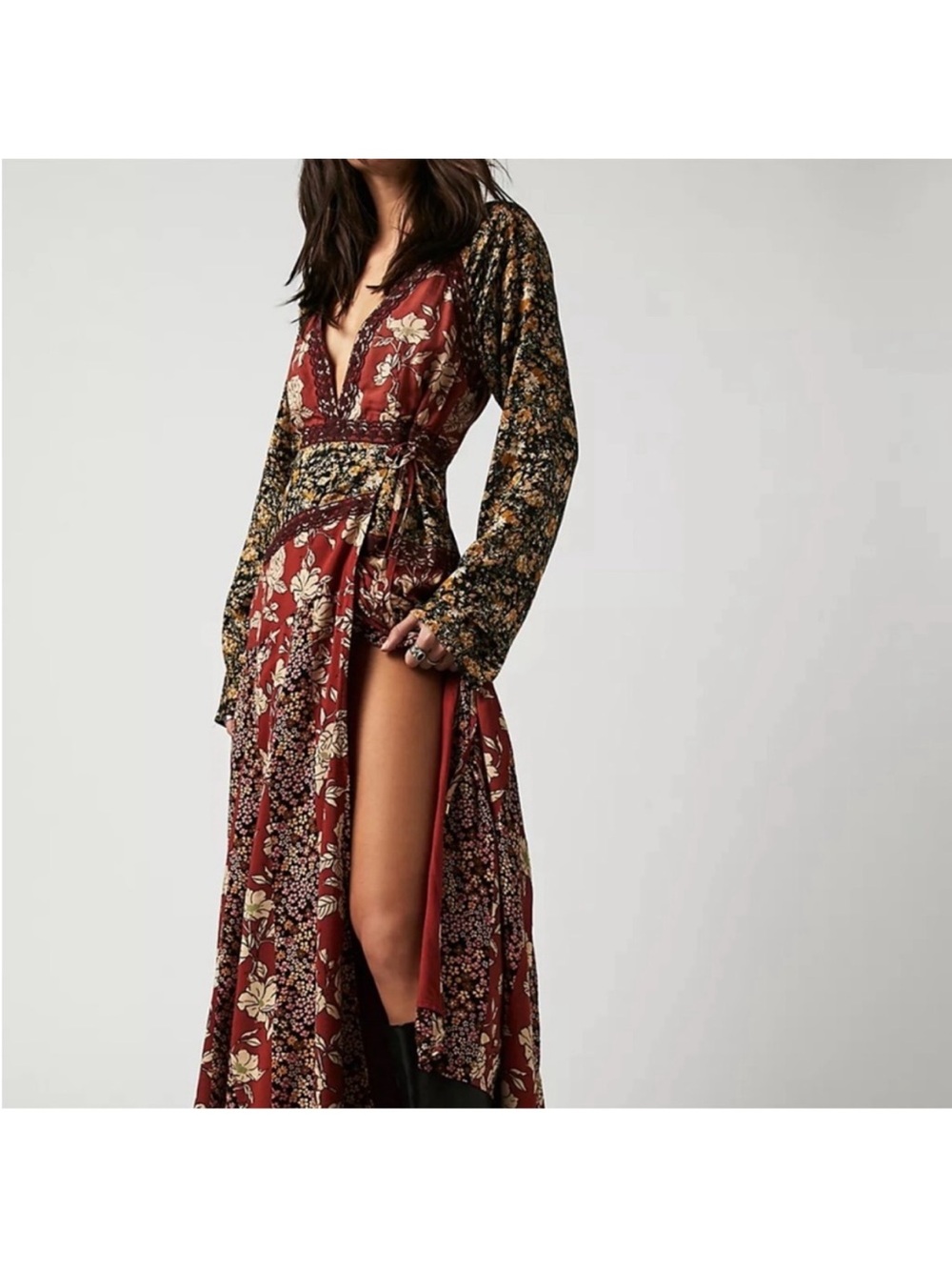 Free People Bohemian Floral Maxi Dress in Rust, Pink & Mustard